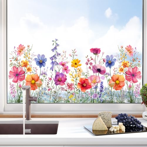Tanlaby Bunte Blumen Fensterbilder Frühling Blaues Windspiel Blumen Fenstersticker DIY Doppelseitiger Statischer Kollisionsschutz für Schlafzimmer Home Wohnzimmer Glasfenster Türen Fensterabziehbilder