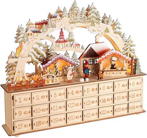 BRUBAKER Adventskalender zum Befüllen - Weihnachtsdorf 2025 - Weihnachtskalender aus Holz mit LED Beleuchtung - Dorf mit Kindern, Bäckerei, Hund und Wald - 40 cm Kalender mit Bogen - Beleuchtet