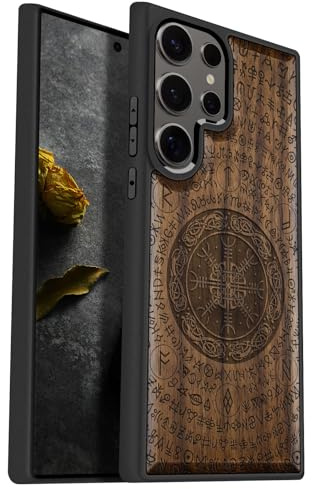 Carveit Natürlich Holz Handyhülle für Samsung S25 Ultra hulle [Einzigartiges Design Cover] Stoßstange Case Kompatibel mit Galaxy S25 Ultra Hülle（Nussbaum-Das Vegvissir von Viking）