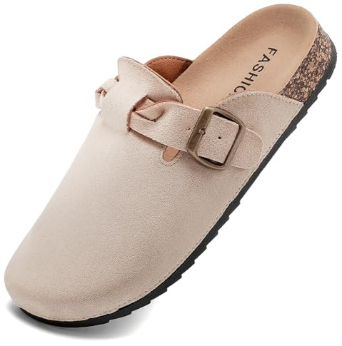 Otoepazm Mules et Sabots Homme Femme,Chaussons Cuir Liège Pantoufles Sabot Adulte- Antidérapants Semelle, Beige, 38EU