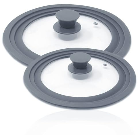 2er Set Silikon Pfannendeckel Topfdeckel 20/22/24cm und 26/28/30cm Grau Universalgröße Glasdeckel mit abgestuftem Silikonrand für Pfannen und Deckel mit Silikongriff