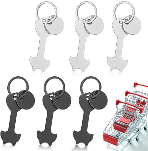 HUSOUE Trolley Release Key Tool, 6 PCS Universal Stainless Steel Trolley Token Personalized Shopping Trolley Coin Keyring for Removable Shopping Carts (Black)