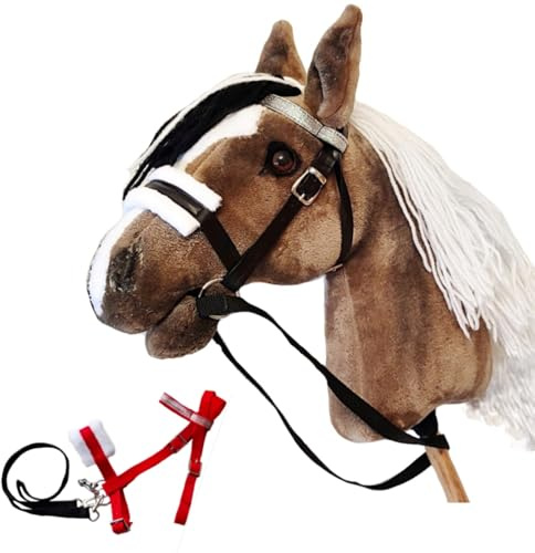 Set Hobby Horse A3 with Black and Red Bridles - Brown Hobbyhorse on Stick with Tacks