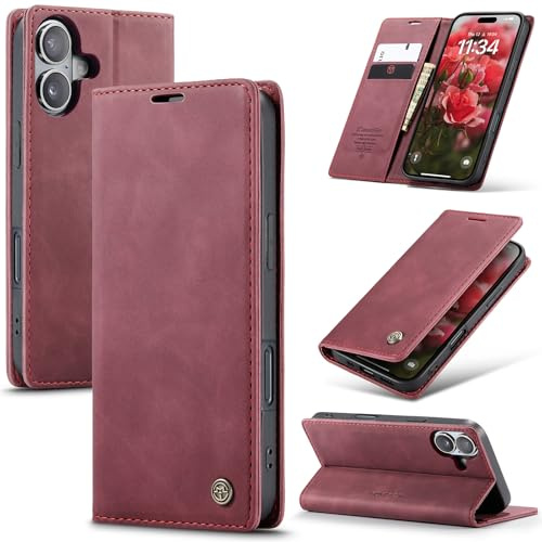 Samokor Fodral för iPhone 17 5G PU läderfodral Flip | Flip Case Mobilbokfodral Plånbok Kortplats Stativfunktion ställ Magnetisk Stötskydd för iPhone 17,Vinröd