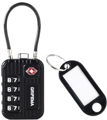 GRIFEMA GA1008 TSA Approved 4-Digit Combination Luggage Lock, Secure Travel Lock with Steel Cable for Suitcases, Backpacks, Gym Lockers - Black