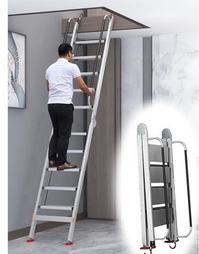 Heavy-Duty Foldable Loft Ladder, 8-14 Step Space-Saving Fire Escape, Aluminum Climbing Staircase for Attics & Lower Rooms (9 Step - 275cm/108.3)