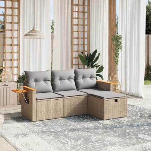 YunCangg Ensemble de canapé de jardin 4 pièces en rotin synthétique avec coussins, résistant aux intempéries, pour terrasse, balcon, salon avec groupe de sièges, canapé d'extérieur, empilable, peu