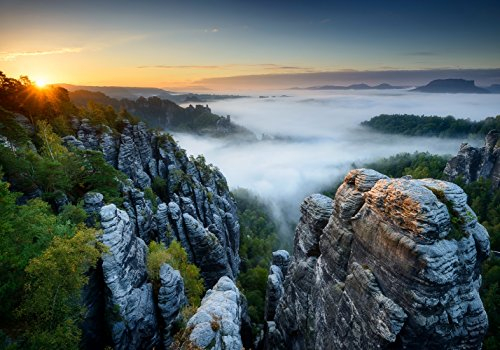 XXL Poster 100 x 70cm (S-842) Elbsandsteingebirge beim Sonnenaufgang und Nebel im Tal (Lieferung gerollt!)