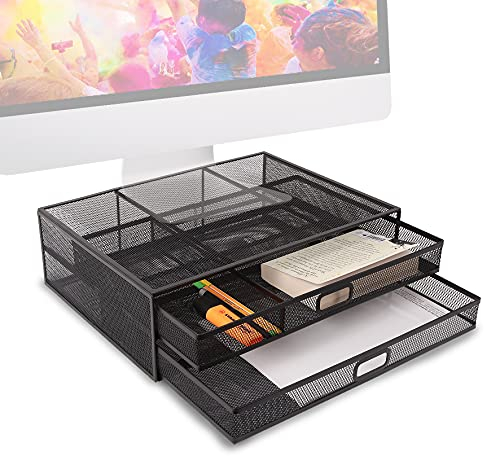 Duronic Monitor Stand Riser with Drawers DM073 | Laptop and Screen Platform & Desktop Organiser | Metal Support for PC Computer Monitor | Ergonomic Office Desk Shelf | 10kg Capacity | Black | 40x30cm