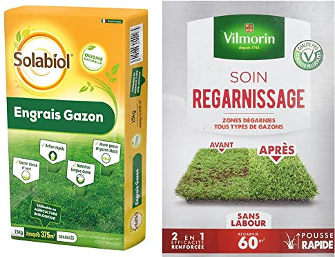 SOLABIOL Engrais gazon organique - Sac de 15 kg pour 375 m² de gazon & VILMORIN - Soin Regarnissage Universel 2 en 1 - Semences de gazon + Fortifiant naturel - Rénovation facile des gazons abîmés-1 Kg