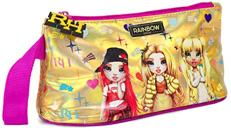 PERLETTI Rainbow High Federmäppchen Kleine Mädchen - Kinder Etui Pink für Schule Kindergarten - Farbige Puppen Federtasche Kleinkind - Federmappe Gold mit Holografischem Hintergrund - 10x21x8 cm