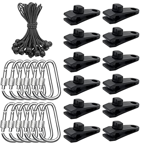 36pcs Planenclips Zelt Clips, Heavy Duty Zeltplanen-Klemme mit Zelt-Clip, Ball Bungee Schnu und Karabiner Planenklammern für Zelte, Planen, Markisen,Camping im Freien, Wohnwagen, Vordächer