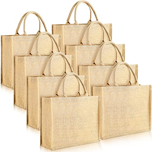 Kinlop Shappy 8 Pack Burlap Tote Bags with Handles 15.8 x 11.8 x 5.9” Jute Tote Bags with Laminated Interior Reusable Grocery Bag for Women Bridesmaid Wedding Gift DIY Art Crafts Decoration Beach
