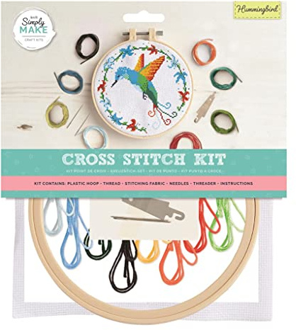 Simply Make Kit per punto croce, motivo colibrì, per bambini e adulti, con cerchio, filo da ricamo, tessuto e ago, perfetto per lavori artigianali per adulti e principianti, kit per punto croce per