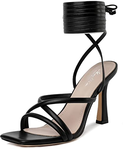 Mostrin Black Strappy Heels for Women Lace Up Heels Tie Up Stiletto High Heeled Sandals Square Open Toe Heels for Prom, Party Size 8