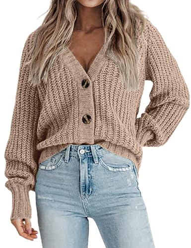 Zeagoo Women's Chunky Knitted Cardigans Long Sleeve Open Front Cropped Cardigans V Neck Button Sweaters
