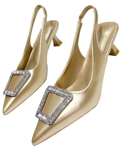 Slingback Donna Kitten Heels A Punta con Strass Decorazioni Décolleté 5.5cm Signore Partito Vestito Scarpe da Sposa (Oro,39)