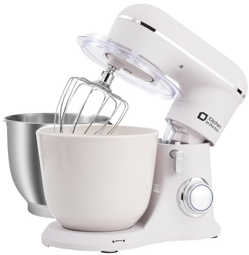 Kitchen in the box Impastatrice Planetaria,2 Ciotole 4,5 L+5 L Impastatrice Professionale, 10 Velocità con Uncino Impastatore, Mescolatore, Frusta Sbattitric, 1300W (Bianco Ghiaccio)