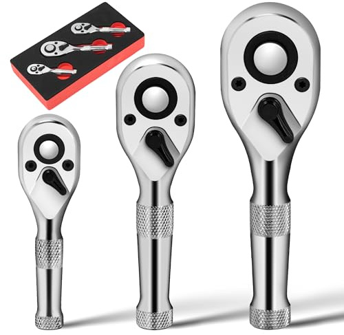 PHMNZIP 3 Pezzi Set di Mini Cricchetto Reversibile 1/4 3/8 1/2 72 Denti Chiavi a Cricchetto in Acciaio Cr-V Impugnatura Corta Antiscivolo Reversibili a Sgancio Rapido per Riparazione Auto e Garage
