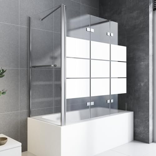 Badewannenaufsatz Duschabtrennung 70x120x140cm mit Seitenwand 6mm Nano Glas Gestreift Badewannen Duschwand Faltbar Badewannenaufsatz Badewanne Duschtrennwand 3-teilig Faltwand