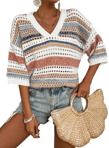 Acelitt Womens Spring Summer Short Sleeve Crochet Sweater 2026 Fashion Trendy Hollow Out V Neck Striped Knitted Tops Beach Vacation Cruise Outfits Resort Wear Khaki Large