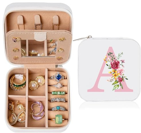 Schmuckkästchen Klein, Schmuckschatulle für Mädchen, Schmuckbox Damen, Reise Schmuck Etui, Jewelry Organizer Leder, für Ohrringe Halsketten Ringe, Hochzeit Geburtstag Muttertag Geschenk（Initialen A)