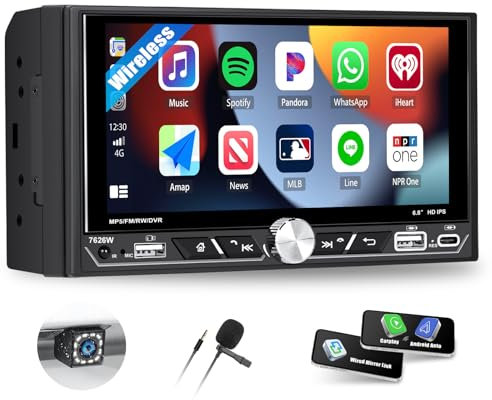 2 Din Autoradio Bluetooth mit Wireless Carplay Android Auto, 6,8 Zoll Touchscreen Display 2 Din Radio mit Mirrorlink FM/AM/RDS EQ Navi SWC AUX USB + Rückfahrkamera