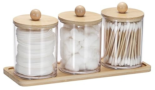 SUMTree 3 PCS Qtip Cotton Ball Holders Acrylic Qtip Dispenser with Bamboo Lid and Tray, Floss Swab Dispenser, Bathroom Storage Jar Canister, Plastic Apothecary Jar for Kitchen Bathroom Dressing Table