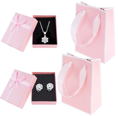 2 stycken smyckeskrin med presentpåse, 9 x 7 x 3 cm, smycken presentlådor, presentförpackning smycken med rosett för örhängen och halsband, presentask liten med lock (rosa)