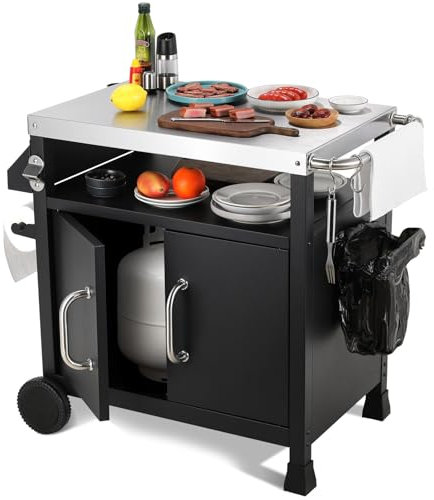 Carrito para Barbacoa Inoxidable,Carro de Barbacoa con Armario Ruedas Ganchos,Carrito de Servicio Exterior Jardín,Mesa Auxiliar BBQ,Carro Cocina Superficie Trabajo Tnox,Picnic Fiesta Jardín Camping