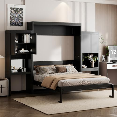 Merax Queen Size Murphy Bed with Desk, Storage Cabinets, Vanity and Mirror for Bedroom, Living Room, Apartment