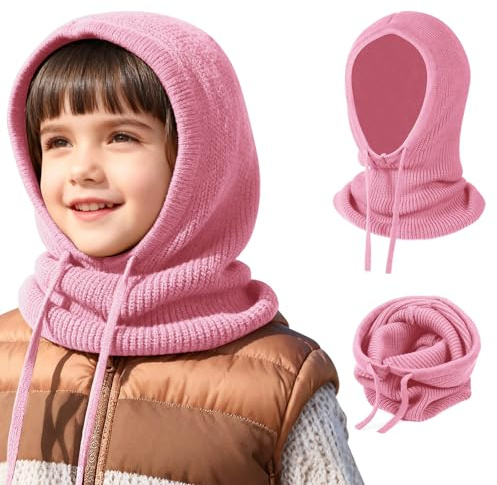 TAGVO Enfants Cagoule 2 en 1 avec Écharpe à Capuche, Coupe-Vent Balaclava Tricoté Écharpe Pull-Over Douce d'hiver, Bonnet et Écharpe en Une Pièce Chaud Chapeau Protège-Cou pour Filles Garçon 4-12 Ans