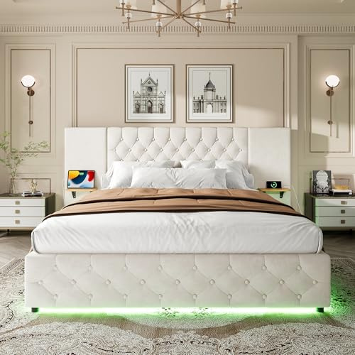 Ball & Cast 4ft6 Double Bed Frame with storage, Floating Upholstered Bed Frame Doule Bed with Charging Station and 16colors LED Light, Metal Slats Support, Beige Double BedS