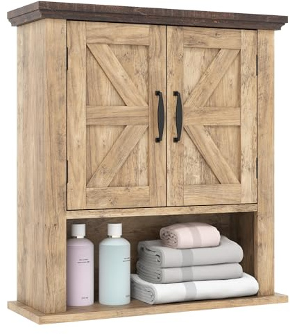 COSTWAY Bathroom Wall Cabinet, Farmhouse Over-The-Toilet Storage Cupboard with 2 Barn Doors & Adjustable Shelf, Wooden Bathroom Unit Wall Mounted Medicine Cabinet (with Open Compartment, Natural)