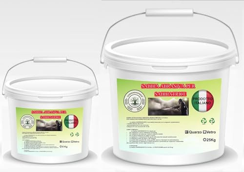 Sabbia Abrasiva di QUARZO/VETRO per Sabbiatura a Pressione - Abrasiva Riutilizzabile - Sabbia per Sabbiatrice - Granulometria 300-800 Micron – Secchio da 8 o 25 Kg (25 Kg QUARZO)