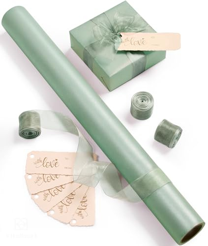 Vitalizart Salviagrönt presentpapper 43 cm x 5 m, pärlglans-presentpappersrulle & organza-band & presenthängen set för alla hjärtans dag, bröllop, födelsedag, jul, baby shower