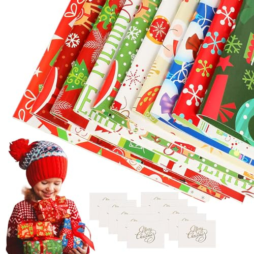 N/AN/A CHALA 10 Rollen Geschenkpapier Weihnachten Rolle Weihnachtsgeschenkpapier mit 10 Karten Weihnachtspapier Weihnachts Geschenkverpackungen Christmas Wrapping Paper für Weihnachts Geschenk 70x50cm