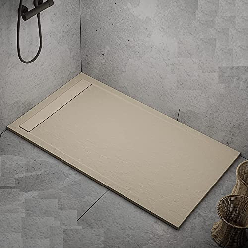 Plato de ducha de mineralmármol color crema, 3 cm, efecto piedra pizarra, antideslizante, Lisboa (80 x 110)