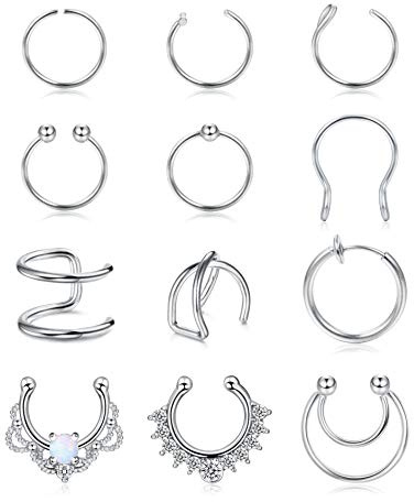 Kakonia 12 st falska näsringar ring rostfritt stål falsk septum piercing klämma på näsan septum ring falsk icke-piercade näsringar örhängen smycken