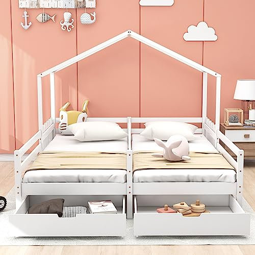 Doppelbett 200x90cm,Hausbett,Kinderbett,Gitterbett mit 2 MDF-Schubladen, Schubladen auf Rollen,Lattenrost aus Kiefer,Weiß