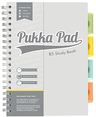 Pukka Pad, Cahier d'étude B5 – 120 pages, carnet de notes B5 de 60 feuilles – Intercalaires repositionnables, papier ligné, quadrillé et pointillé, calendrier, suivi des devoirs et notes, préparation