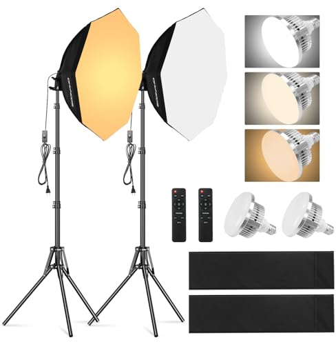 Soonpho Softbox Set Foto Estudio, Octágono Softbox Foto Luz Set con Soportes de luz 22Inch/55cm, 3000-6000K Luces de Estudio para Estudio de vídeo Retratos de Tiro, 2x85W Foto Luz