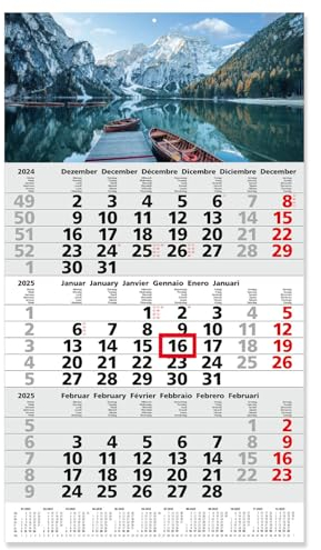 Timr 3-Monatskalender 2025 Bergsee I Fußleisten-Jahreskalender 30 x 53 cm I mehrsprachig D/GB/F/I/E/NL Jahresplaner mit Schieber und Aufhängeöse Natur Landschaft I tr266