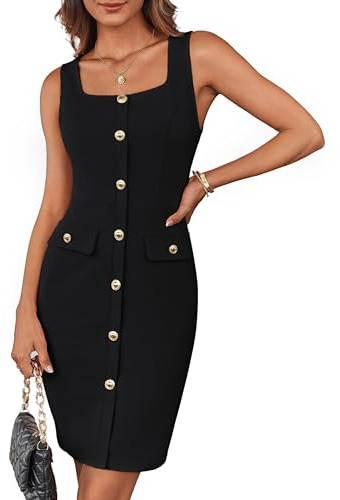 GRACE KARIN Abito da donna Cocktail, elegante, senza maniche, con scollo quadrato, abbottonato, in vita, da lavoro, da ufficio, formale, con cintura, a tubino, Bodycon, miniabito con cintura, Nero , M