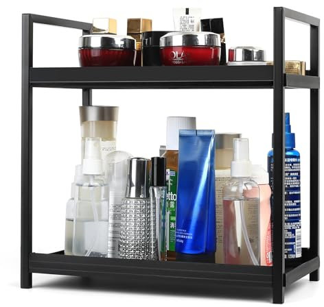 BATENGKEJI Organizer Bagno Portaoggetti, Scaffale 2 Ripiani Bagno, Organizer Cucina Bagno, Scaffale Bagno Camera da Letto Salvaspazio, Organizer Profumi Cosmetici Trucco Lavabo(Nero, 30 x 17 x 30 cm)