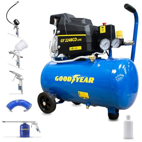 Goodyear - Compresseur Électrique Portable 24L, 1.5HP (1.1kW), 8 Bars, 165 l/min, Silencieux avec Roues et Régulateur, Idéal Bricolage et Atelier