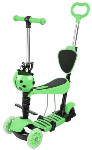 WODFARR Trottinette 3 Roues LED pour Enfants 5 en 1 - Guidon Réglable en Hauteur, Canne Telescopique, Selle et Dossier Amovible, Jeu de Plein Air (Vert)