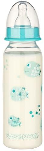 babynova Biberon 240ml con tettarella in silicone a flusso medio anti-colica per neonati - Prodotto in Germania - Senza BPA - Pesci