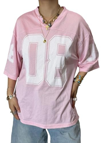 Jersey Shirts for Women Y2k Graphic Number Oversized Tees Half Sleeve Sport Casual V Neck Tshirt Tops Streetwear (Pink, S)