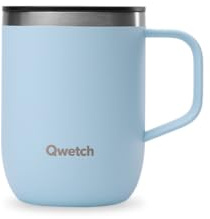QWETCH - Termosbägare i återvunnet recylcerat stål med handtag – Pastell blå 350 ml – Termosbägare för kaffe & te – 6 timmar varmt & 12 timmar kallt – Glidfäste med sprutskydd & tefilter